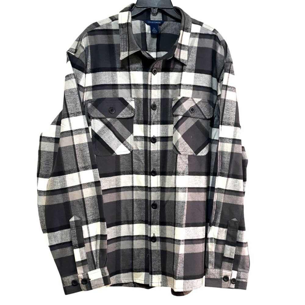 Falls Creek Men Black White Plaid Button-Up Shirt Size XL Flannel 100% Cotton